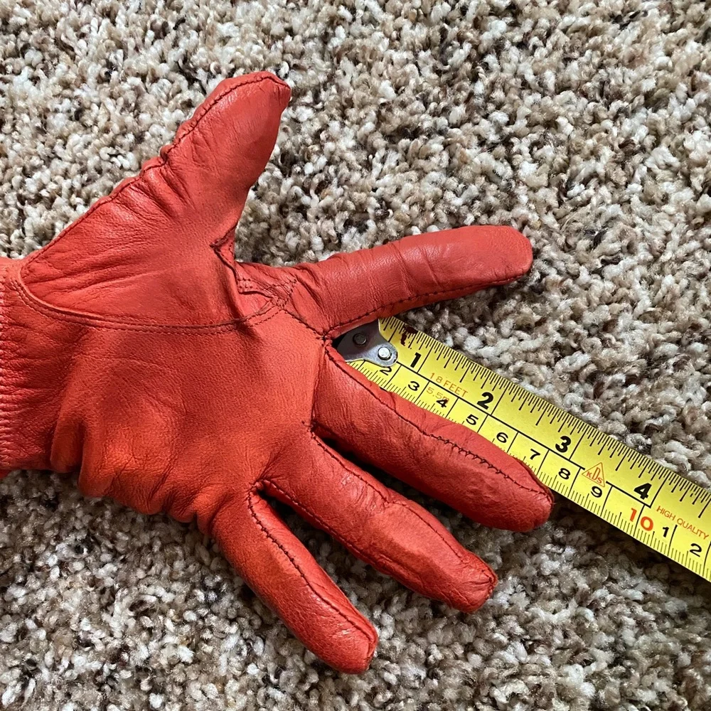 lamb skin Leather gloves Coral Red Elastic Cuff Women's Size S